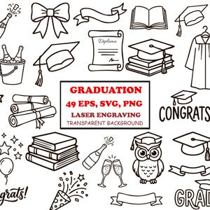 Könnte beinhalten: Eine Sammlung von schwarz-weißen Strichzeichnungen zum Thema Abschlussfeier, darunter Doktorhüte, Diplome, Bücher, eine Eule, Champagner, ein Talar und Banner. Der zentrale Text lautet GRADUATION 49 EPS, SVG, PNG LASER ENGRAVING TRANSPARENT BACKGROUND.