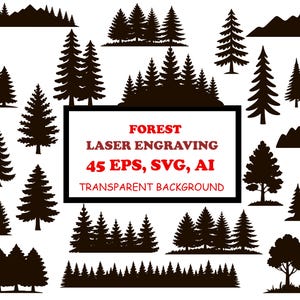 Forest Engraving Laser Engraving Files, Winter Forest Svg, Pine Trees Clipart, Black Silhouette Pine Trees Vector Digital download