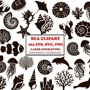 May include: A collection of black silhouette sea life illustrations including jellyfish, shells, coral, a lobster, a dolphin, and a seal. A central white box contains the red text: SEA CLIPART, 104 EPS, SVG, PNG, LASER ENGRAVING, TRANSPARENT BACKGROUND.