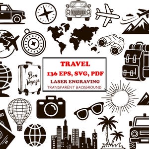 Puede incluir: Una colección de ilustraciones en blanco y negro con temática de viajes, que incluye un coche, una brújula, un avión, un mapa del mundo, unos prismáticos, una mochila, una maleta, una cámara, unas gafas de sol, un globo terráqueo, un globo aerostático, un pasaporte, un horizonte urbano y un todoterreno. El texto dice "TRAVEL 136 EPS, SVG, PDF LASER ENGRAVING TRANSPARENT BACKGROUND."