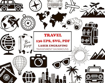 Reise SVG Bundle, Reise Icons Vektor-Set, Abenteuer Clipart, Urlaub EPS, Pass, Flugzeug, Landkarte, Lasergravur, Dateien Silhouette
