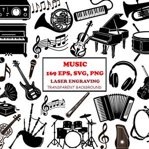 Op de afbeelding: Een verzameling zwarte silhouetten van muziekinstrumenten, waaronder een piano, gitaar, viool, drums en een koptelefoon, met de tekst MUSIC 169 EPS, SVG, PNG LASER ENGRAVING TRANSPARENT BACKGROUND gecentreerd in een kader op een witte achtergrond.