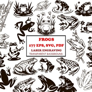 Pode incluir: Uma coleção de ilustrações de sapos em várias poses e estilos, incluindo arte linear e silhuetas. A imagem apresenta sapos sentados em nenúfares, tocando guitarra e muito mais. O texto na imagem diz "FROGS 177 EPS, SVG, PDF LASER ENGRAVING TRANSPARENT BACKGROUND."