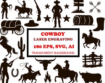 Cowboy Laser Engraving Designs SVG EPS, Western Vector Bundle,  Horse Clipart Laser Cut Files, Wild West digital download