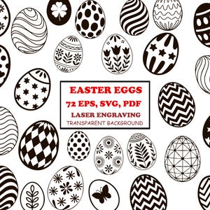 May include: A collection of black and white Easter egg designs with various patterns, including dots, stripes, and floral motifs. The image includes the text "EASTER EGGS" and file type information.
