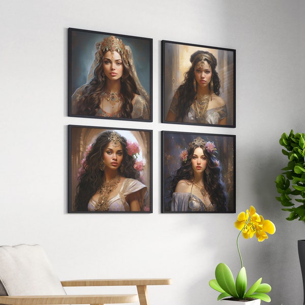 4 Princess Prints Set - Exotic and Elegant Digital Art, Stunning Fantasy Queen Portraits, Home & Bedroom Decor, Instant Download Wall Art