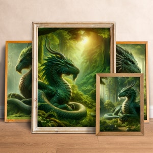 4 Fantasy Walddrachen Set: Forest Home Decor | Fantasie Grüner Drache | Poster drucken | Wand Kunst Herunterladen