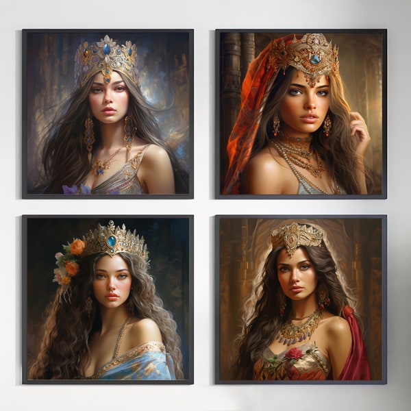 4 Stunning Princess Portraits: Exotic Princess, Elegant Digital Art, Home Decor & Gifts, Radiating Beauty, Princess Prints, Digital Download