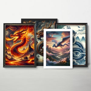 Set of 4 Chinese Dragon Prints Canvas Digital | Posters Painting Printable | Fantasy New Home Decor Gift Wall Art Downloadable
