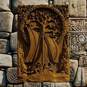 Personalized viking boat Drakkar wood carving, Viking drakkar wooden wall art, Hand-carved viking ship, Tree of life wall art,