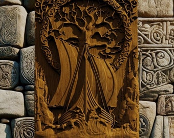 Personalized viking boat Drakkar wood carving, Viking drakkar wooden wall art, Hand-carved viking ship, Tree of life wall art,