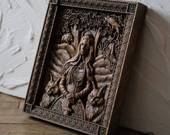 Freyja norse goddess art, Valentine&#39;s Day gift, Freya wood carved wall decor, Wood carved wall hanging, Handcarved housewarming gift
