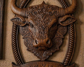 Muurdecoratie met het sterrenbeeld Stier - Handgesneden houten stier, astrologisch teken Stier, horoscoop muurdecoratie, uniek cadeau voor hem