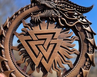 Ouroboros mit Valknut | Wikinger-Drache-Wanddekoration | Symbol der nordischen Mythologie | Heidnische und nordische Kunst, handgeschnitztes Holz
