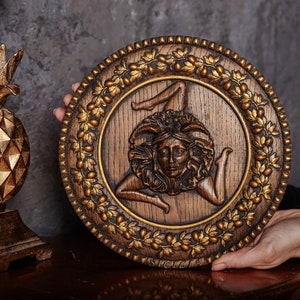 Medusa wood carving, Captivating carved medusa, Personalized carved emblem, Gorgon art, Medusa wall decor, Gorgon wood carving panel