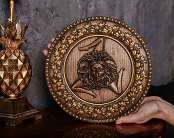 Medusa wood carving, Captivating carved medusa, Personalized carved emblem, Gorgon art, Medusa wall decor, Gorgon wood carving panel