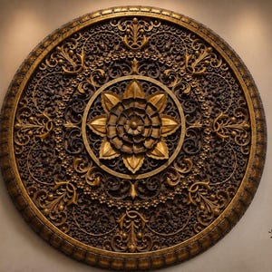 May include: A large, round, ornate wall decoration with a detailed floral and scroll design. The piece features a central flower motif and is finished in gold and dark brown tones. The intricate carvings create a three-dimensional effect, adding depth and visual interest.
