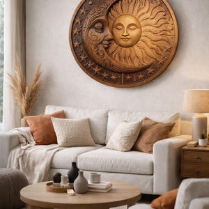 Arte de pared de madera de sol y luna, placa de madera celestial tallada a mano, decoración de pared de sol y luna, decoración bohemia para el hogar, regalo astrológico