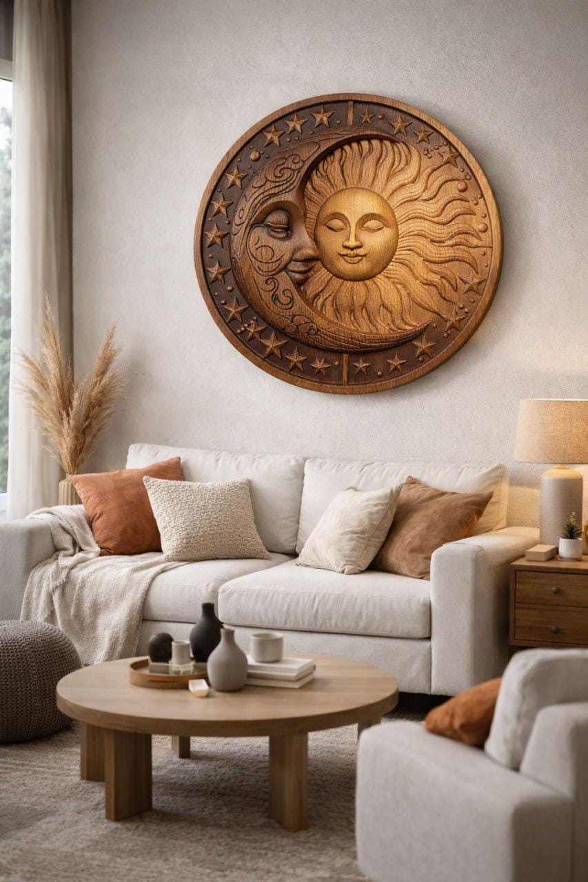 Sun and Moon Wooden Wall Art, Hand Carved Celestial Wood Plaque, Sun ...