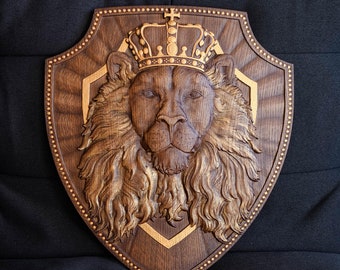 Lion wood carving panel, Personalized wooden lion, Unique lion wooden art, Wooden anniversary gift, Hand-carved wall art, Dad birthday gift