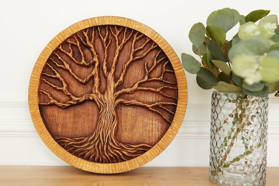 UniDeco Tree Of Life Wall Art – 11.75 Inch Round Wooden "Home Sweet Home" Sign With LED Lights