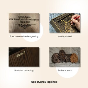 May include: A wooden wall plaque featuring a hand-painted design of a wolf and a tree. The plaque is personalised with the text "Kallum Andrew Grow to walk with the Lord Baptized May 6 2023". It has a hook on the back for mounting.