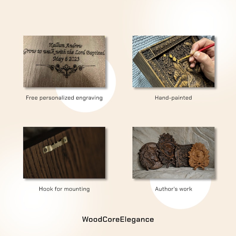 May include: A wooden wall plaque featuring a hand-painted design of a wolf and a tree. The plaque is personalised with the text "Kallum Andrew Grow to walk with the Lord Baptized May 6 2023". It has a hook on the back for mounting.