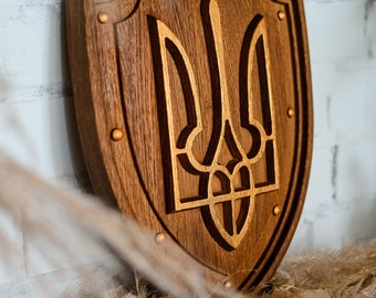 Coat of arms, Wooden trident wall art, Handcarved wooden UA coat of arms, Carved wood panel, Patriot gift ideas, Personalized wooden gifts