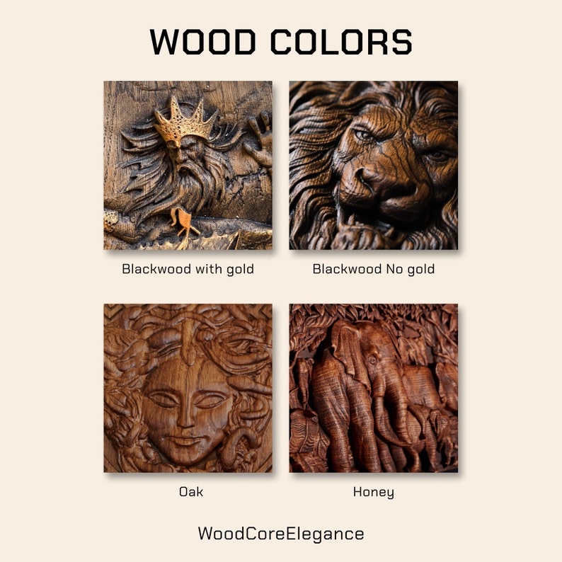 May include: Four wood carvings depicting different animals. The top left carving is a lion with a gold crown, the top right carving is a lion without a crown, the bottom left carving is a woman's face, and the bottom right carving is an elephant.