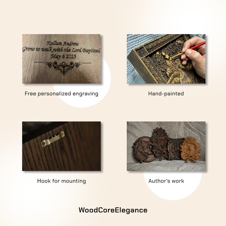 May include: A wooden wall plaque featuring a hand-painted design of a wolf and a tree. The plaque is personalised with the text "Kallum Andrew Grow to walk with the Lord Baptized May 6 2023". It has a hook on the back for mounting.