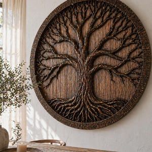 May include: A circular wall art piece featuring a dark brown, relief-carved tree with intricate branches and exposed roots. The design is set against a vertical wood-grain background and enclosed within a textured, dark-toned circular frame.