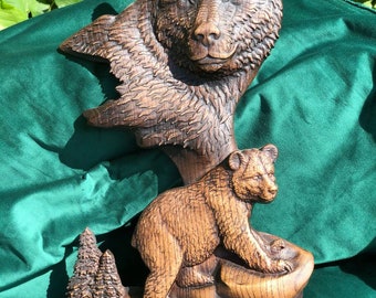 Carved wooden bears, Handcarved wooden wildlife decor, Carved bear wall art, Perfect home decor gift, Bear carvings, Wood moon gift