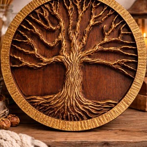 May include: A round, wooden wall art piece featuring a detailed relief carving of a tree. The tree's trunk and branches are golden, set against a dark brown background. The artwork is framed with a textured gold border, creating a rustic, natural aesthetic.