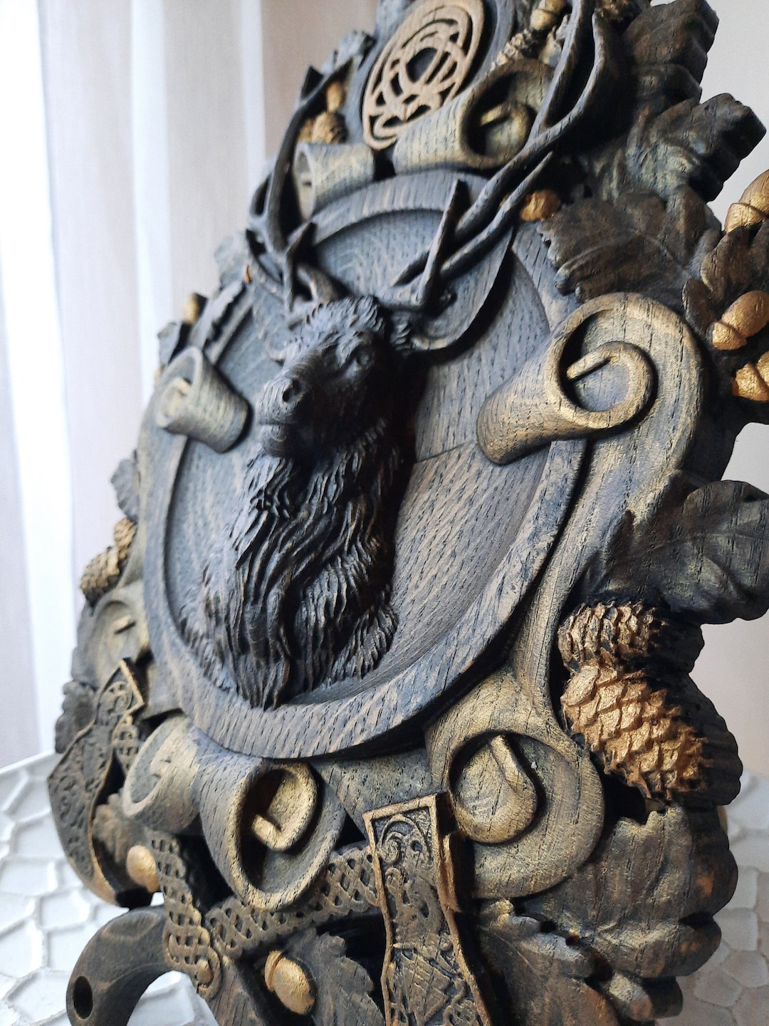 Deer Wood Carving, Wooden Deer Art, Deer Horns Wall Hanging, Deer Decor Art, Wooden Deer