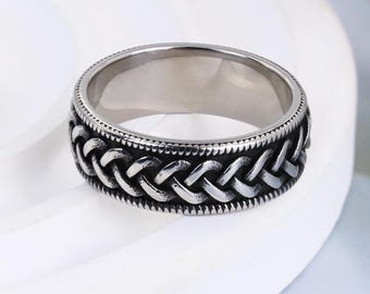 Personalized Vintage Braided Ring,Titanium Steel Braided Band,Custom Engraved Ring,Friendship Ring,Anniversary Ring,Retro Ring for Him
