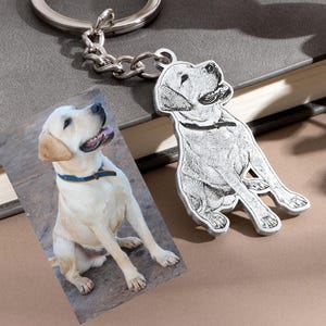 Puede incluir: Un llavero plateado con un colgante detallado de un perro. El colgante está conectado a una cadena y a un anillo grande. Una fotografía de un perro está al lado del llavero. El perro de la fotografía lleva un collar azul.