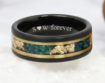 Personalized Green Opal and Gold Leaf Men Ring,Gold Foil Band,8 mm Tungsten Steel Ring,Engagement Ring,Anniversary Ring for Men,Unique Ring