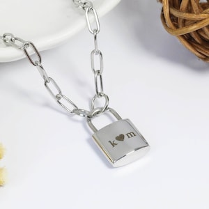 Personalized Lock Initial Necklace,Custom Initial Padlock Necklace in Paperclip Chain,Letter Lock Pendant,Minimalist Handmade Jewelry