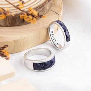 Orion Nebula Blue Sandstone Couples Rings,Personalized Galaxy Space Ring Set,His and Hers Wedding Band,Tungsten Matching Promise Rings