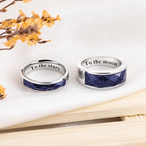 Orion Nebula Blue Sandstone Couples Rings,Personalized Galaxy Space Ring Set,Tungsten Matching Promise Rings,His and Hers Wedding Band