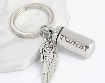 Aangepaste urn sleutelhanger met engelenvleugel, sleutelhanger crematie voor as, herdenkingsaandenken sieraden, gegraveerde huisdier-urn, menselijke urnen, verlies huisdier