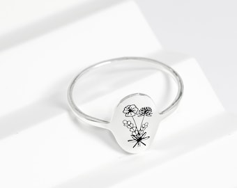 Personalized Birth Flower Ring,Multiple Birth Flower Ring,Family Florals Ring,Oval Floral Signet Ring,Bouquet Ring,Gifts for Mom Grandmom