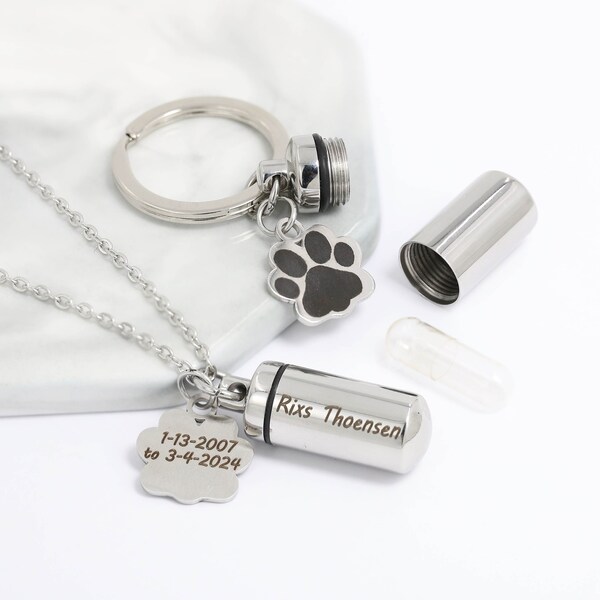 Custom Paw Print Urn Keychain,Ash Keepsake,Personalized Cremation Necklace,Cylinder Ashes Locket,Pet Ashes Holder,Pet Loss,Memorial Gift