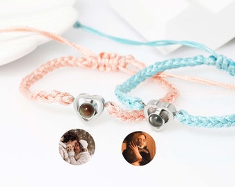 Braided Rope Projection Bracelet,Heart Custom Photo Projection Bracelet,Memorial Gift,Couple Bracelet,Anniversary Gift,Gift For Her