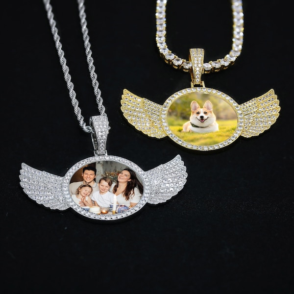 Personalized Angel Wings Photo Necklace with CZ,Custom Photo Necklace,Hip Hop Photo Pendant,Memory Picture Pendant,Iced Custom Photo Pendant