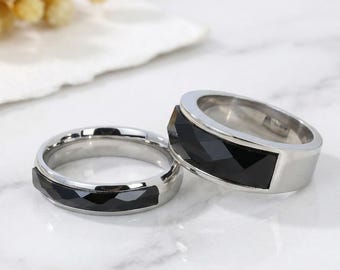 Personalized Black Onyx Couple Rings,Black Onyx Engagement Ring,Custom Engraved Black Onyx Band,His and Hers Wedding Ring,Anniversary Ring