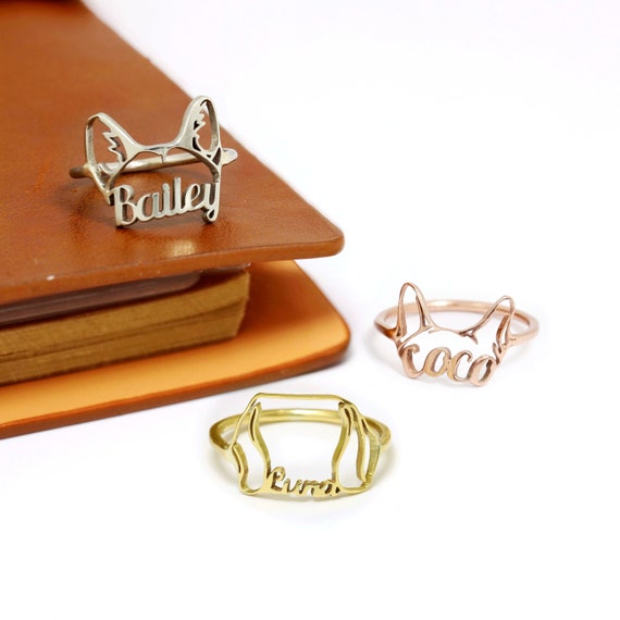 Dog Name Ring,Personalized Dog Ears Ring with Name,Custom Pet Ears Ring,Gift for Pet Lover,Pet Memorial Gift,Dog Outline Ring,Dog Loss
