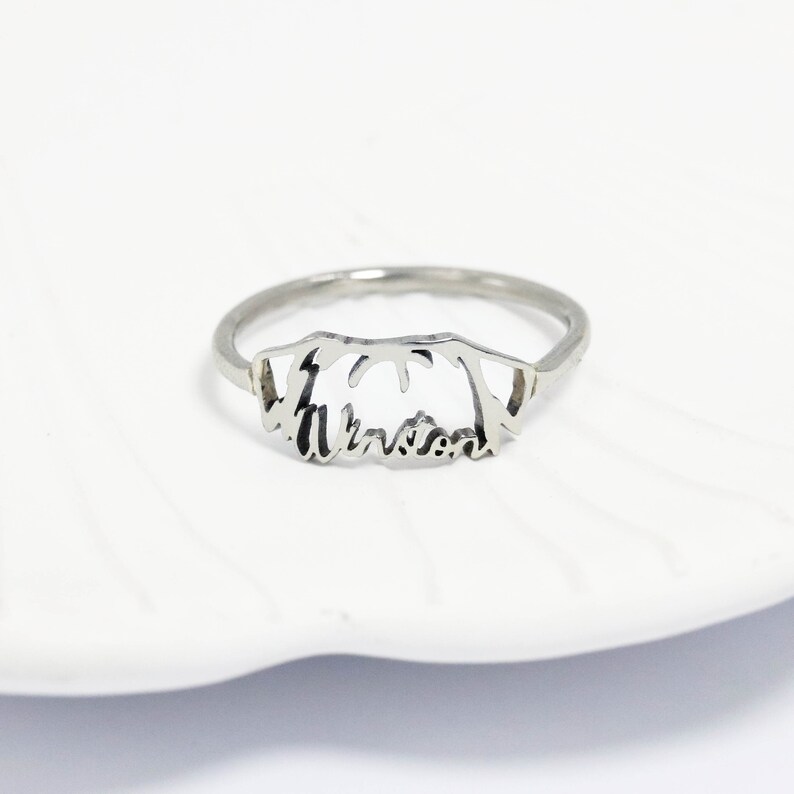 K&ouml;nnte beinhalten: Ein silberfarbener Metallring mit einem ausgeschnittenen Design einer Hundesilhouette, bei dem der Name Winston in Schreibschrift in den unteren Teil des Rings integriert ist, was eine durchgehende dekorative Metallstruktur bildet.