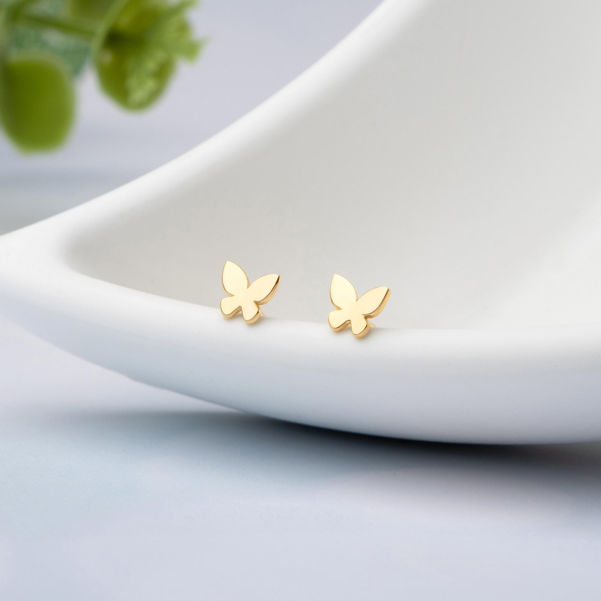 14K Solid Gold Butterfly Stud Earrings, 9K Solid Gold Butterfly Stud Earrings, Tiny Butterfly Earrings