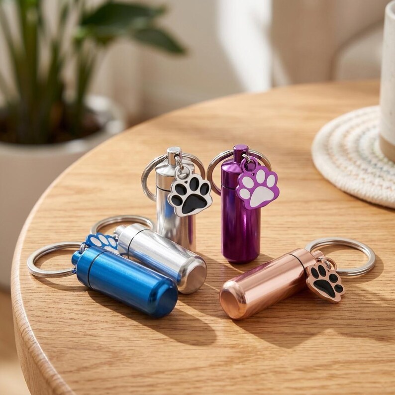 Op de afbeelding: Vier cilindervormige metalen urn-sleutelhangers in blauw, zilver, paars en ros&eacute;goud. Elke sleutelhanger is voorzien van een kleine bedel in de vorm van een pootafdruk met een contrasterend midden. De houders hebben een schroefdeksel en een ring.